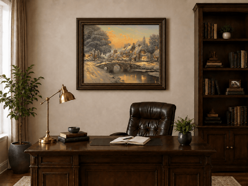 Landscape Oil Painting - Snowy Village with Stone Bridge