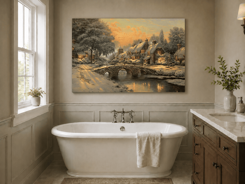 Landscape Oil Painting - Snowy Village with Stone Bridge
