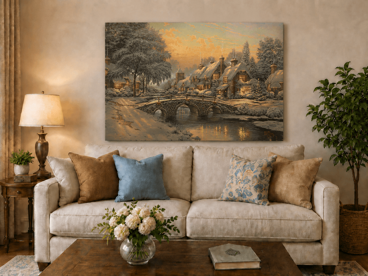 Landscape Oil Painting - Snowy Village with Stone Bridge