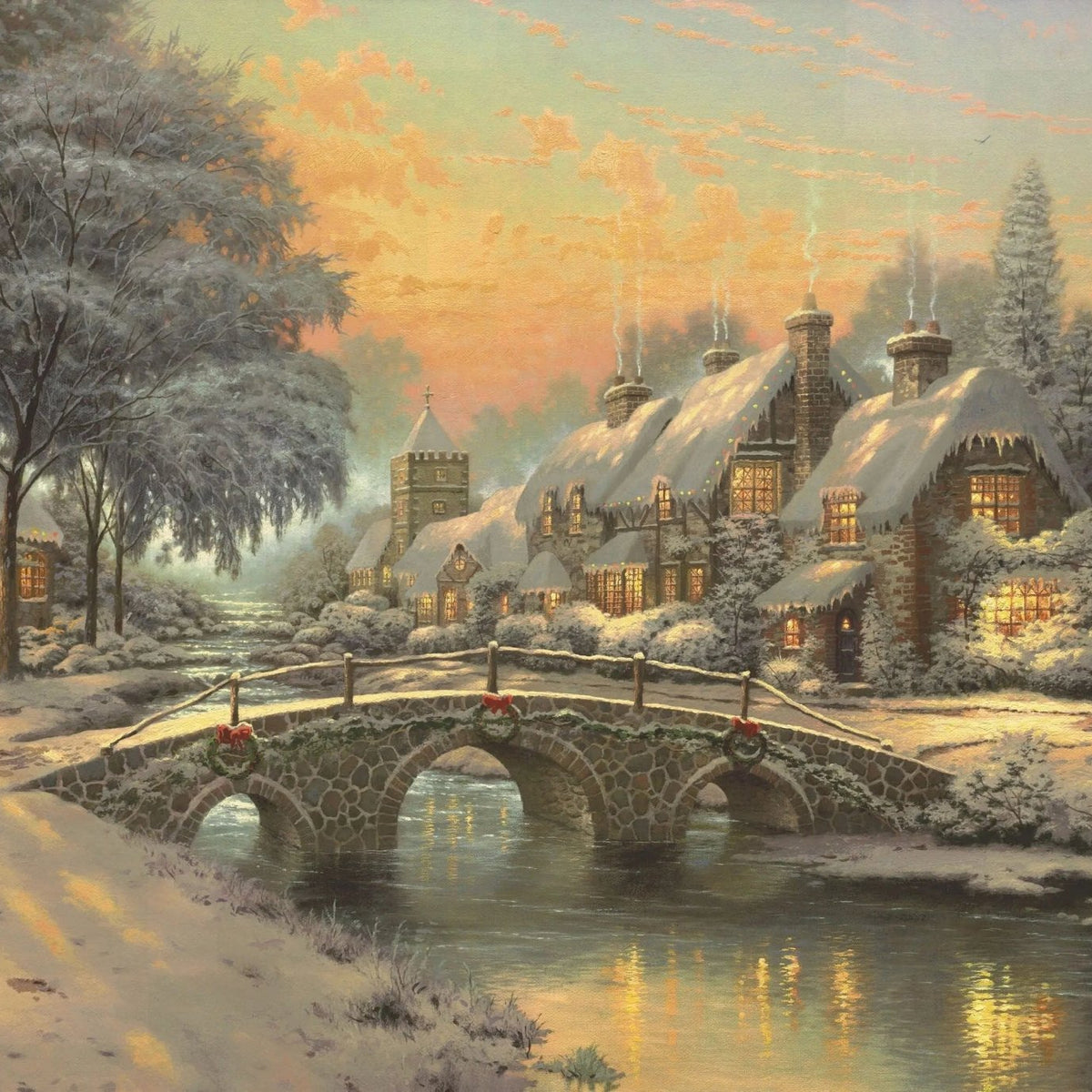 Landscape Oil Painting - Snowy Village with Stone Bridge - Oil Painting Haven