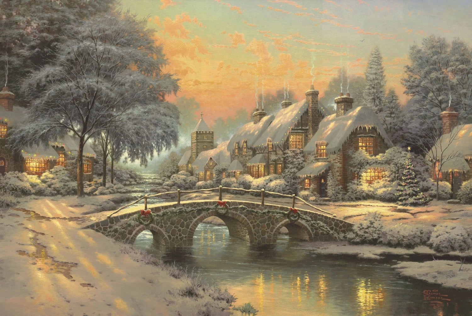 Landscape Oil Painting - Snowy Village with Stone Bridge - Oil Painting Haven