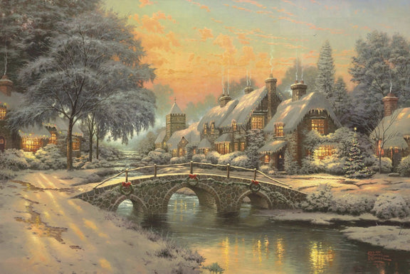 Landscape Oil Painting - Snowy Village with Stone Bridge - Oil Painting Haven