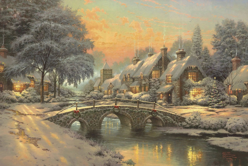 Landscape Oil Painting - Snowy Village with Stone Bridge - Oil Painting Haven
