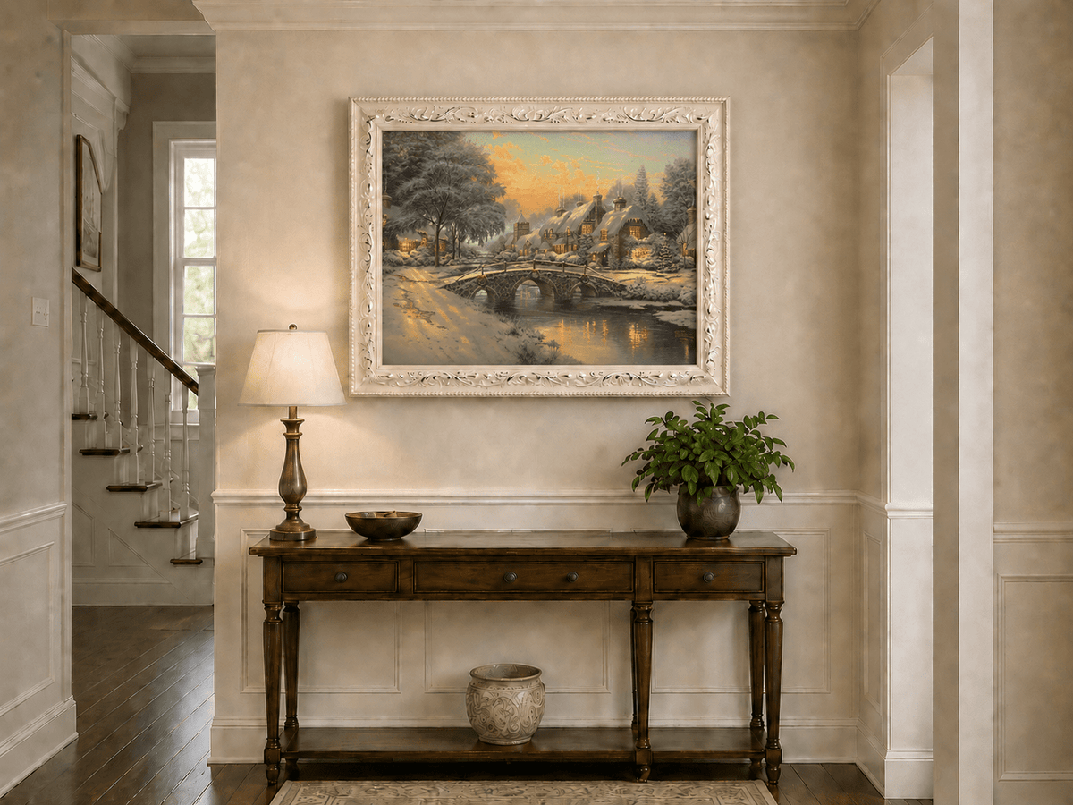Landscape Oil Painting - Snowy Village with Stone Bridge