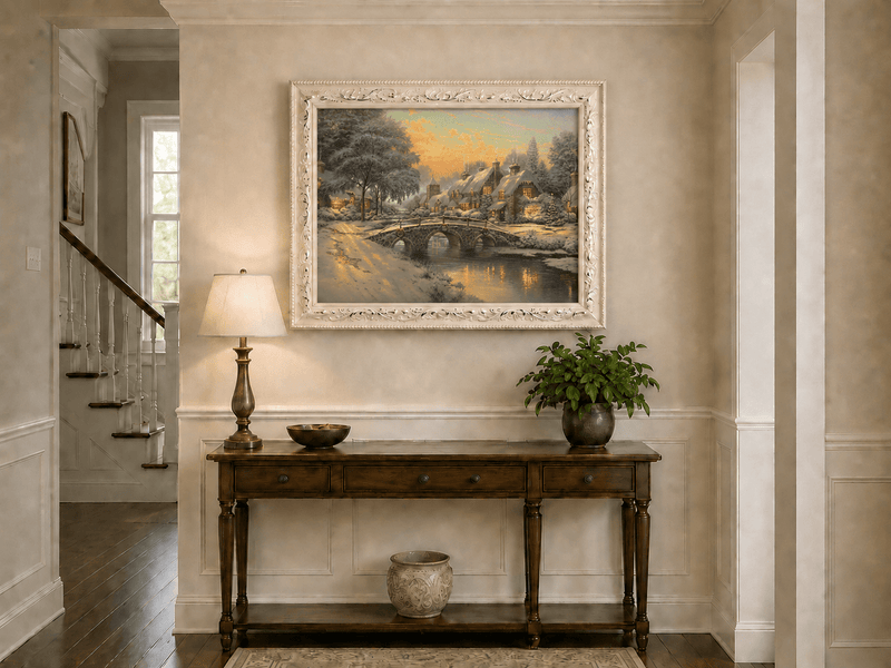 Landscape Oil Painting - Snowy Village with Stone Bridge