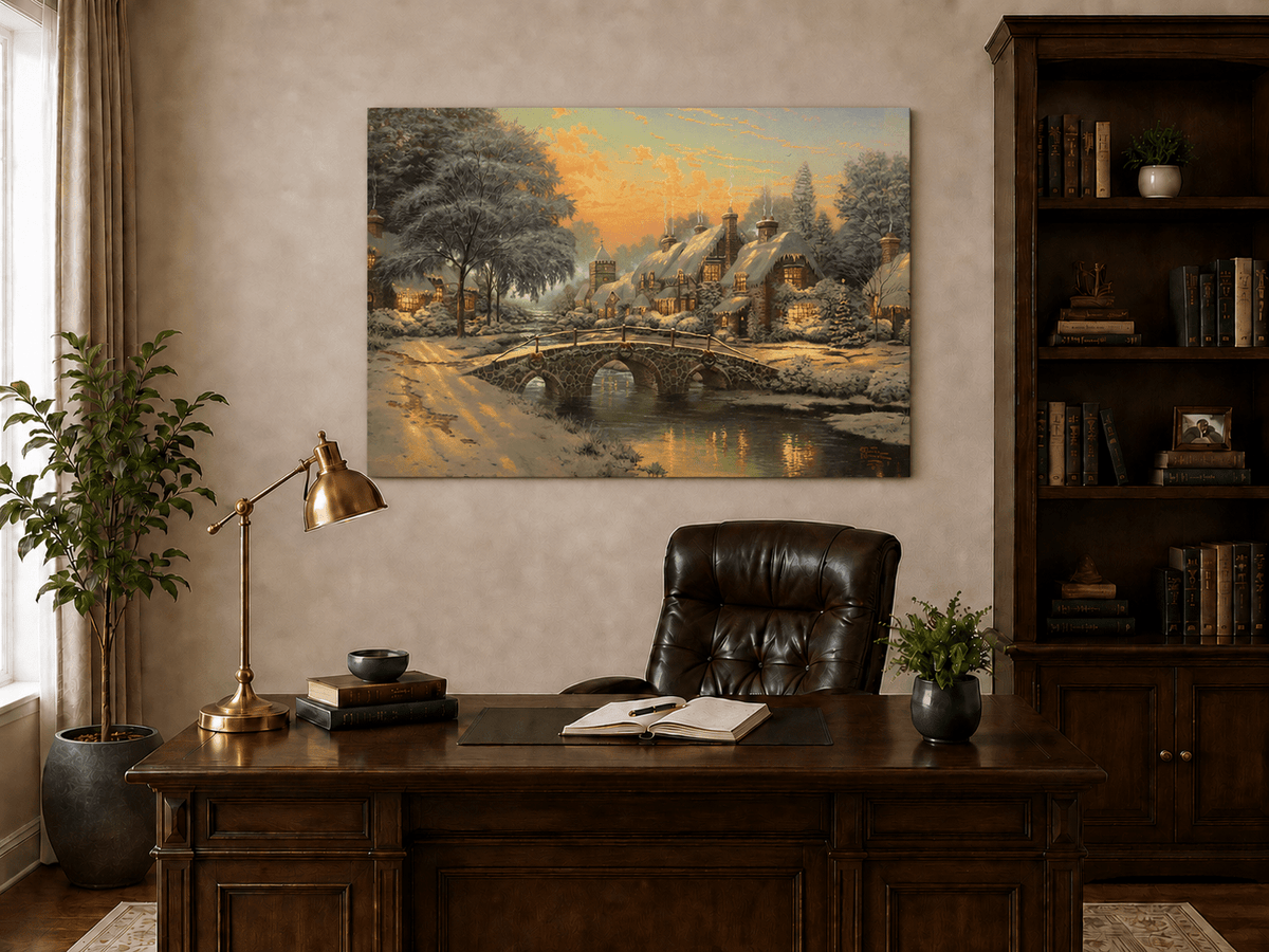 Landscape Oil Painting - Snowy Village with Stone Bridge