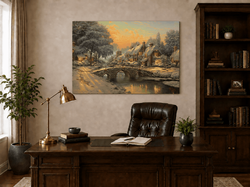 Landscape Oil Painting - Snowy Village with Stone Bridge