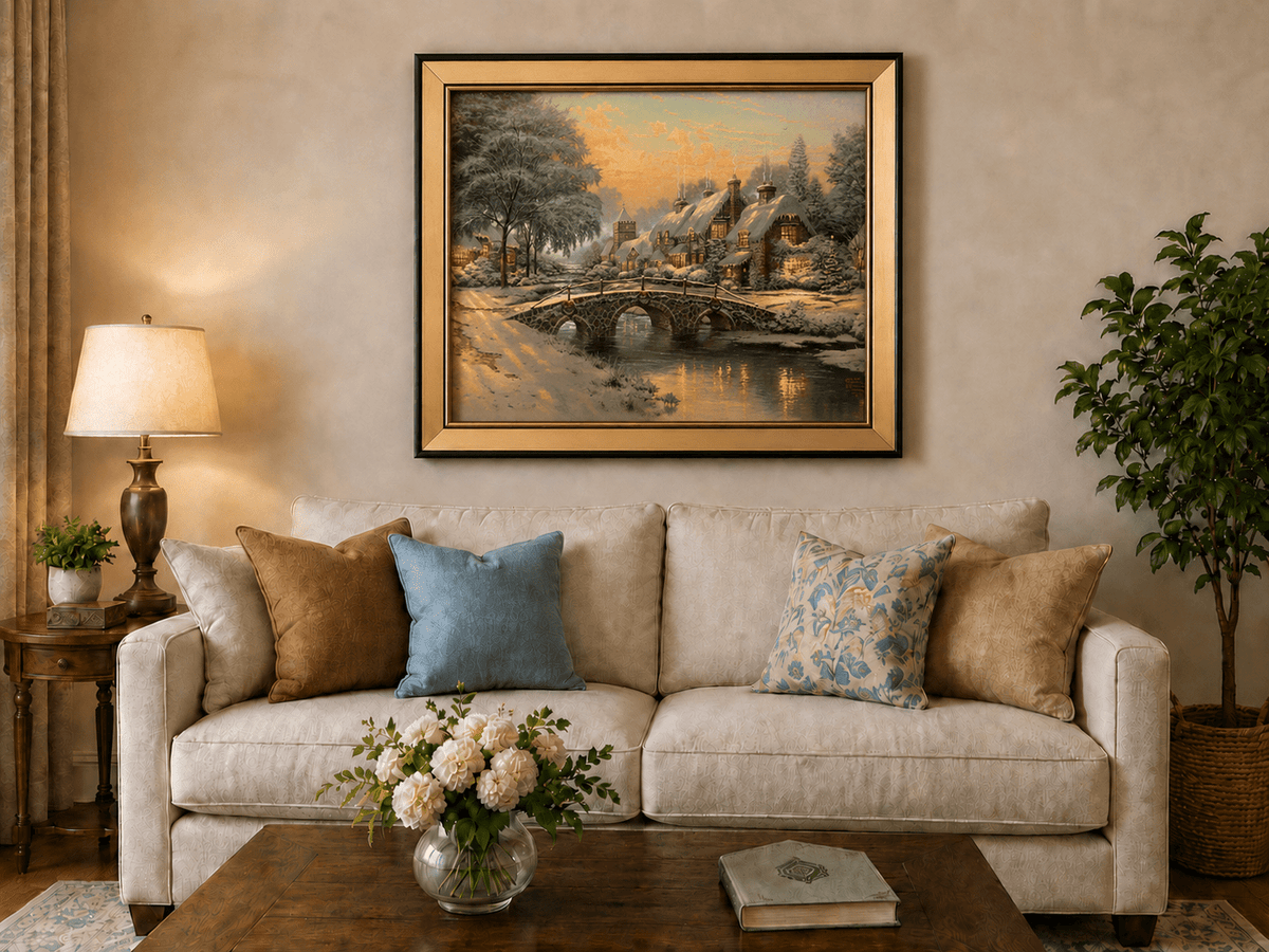 Landscape Oil Painting - Snowy Village with Stone Bridge