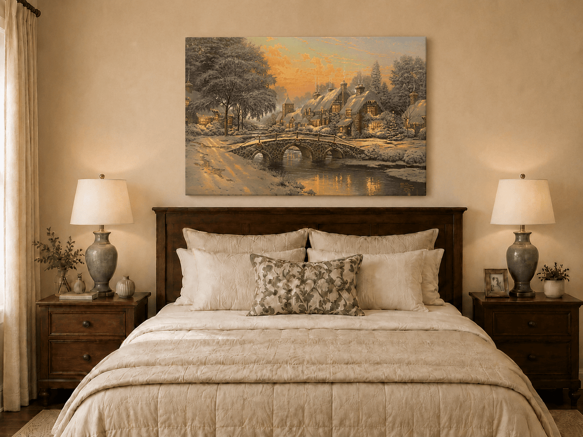 Landscape Oil Painting - Snowy Village with Stone Bridge