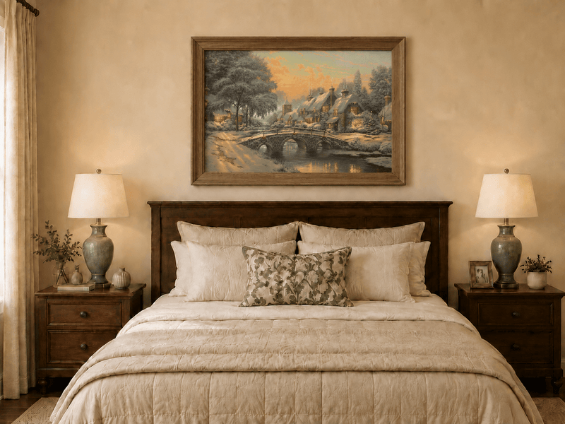 Landscape Oil Painting - Snowy Village with Stone Bridge