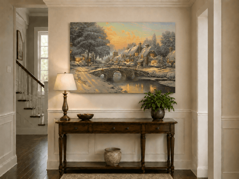 Landscape Oil Painting - Snowy Village with Stone Bridge