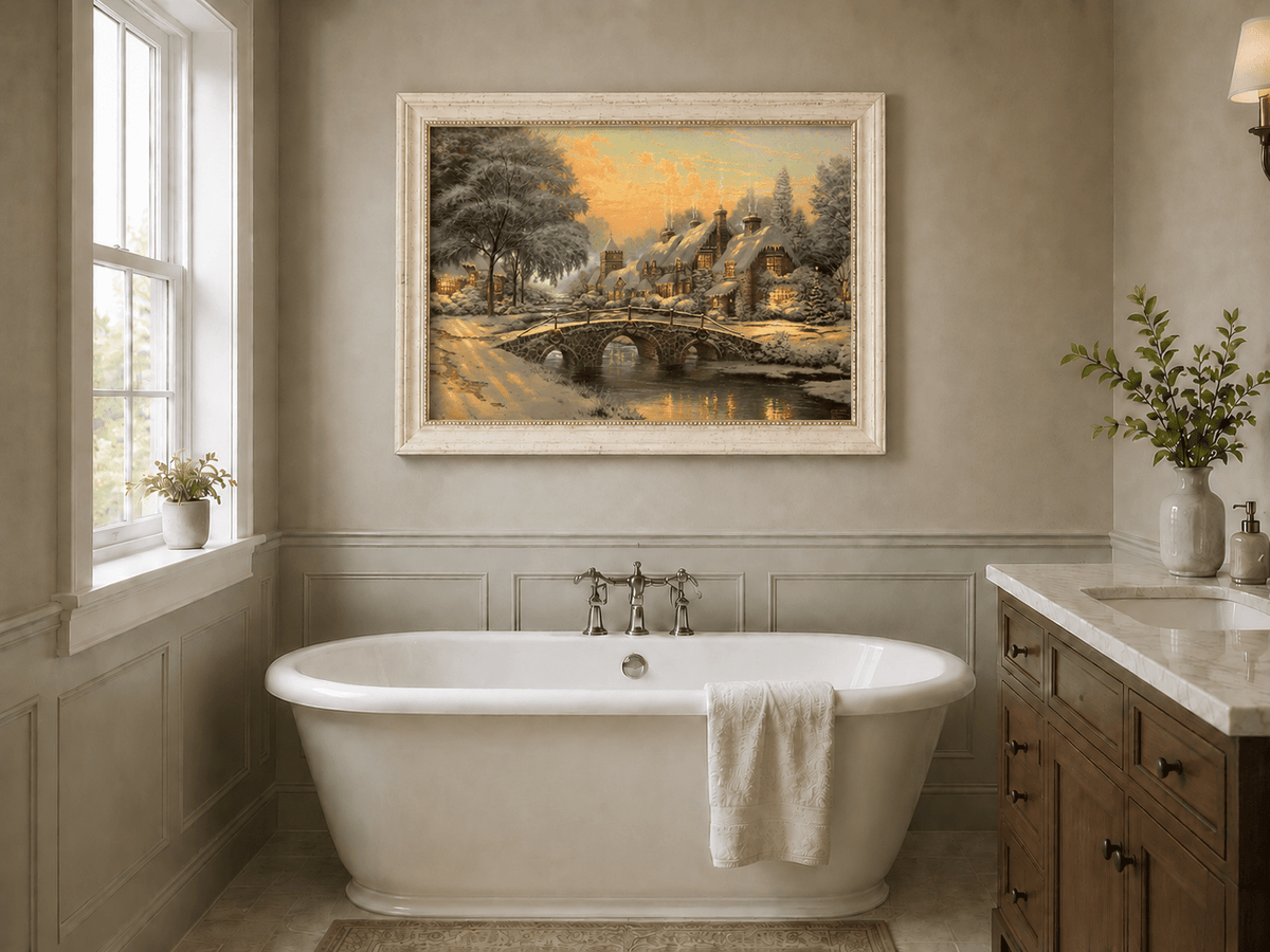 Landscape Oil Painting - Snowy Village with Stone Bridge