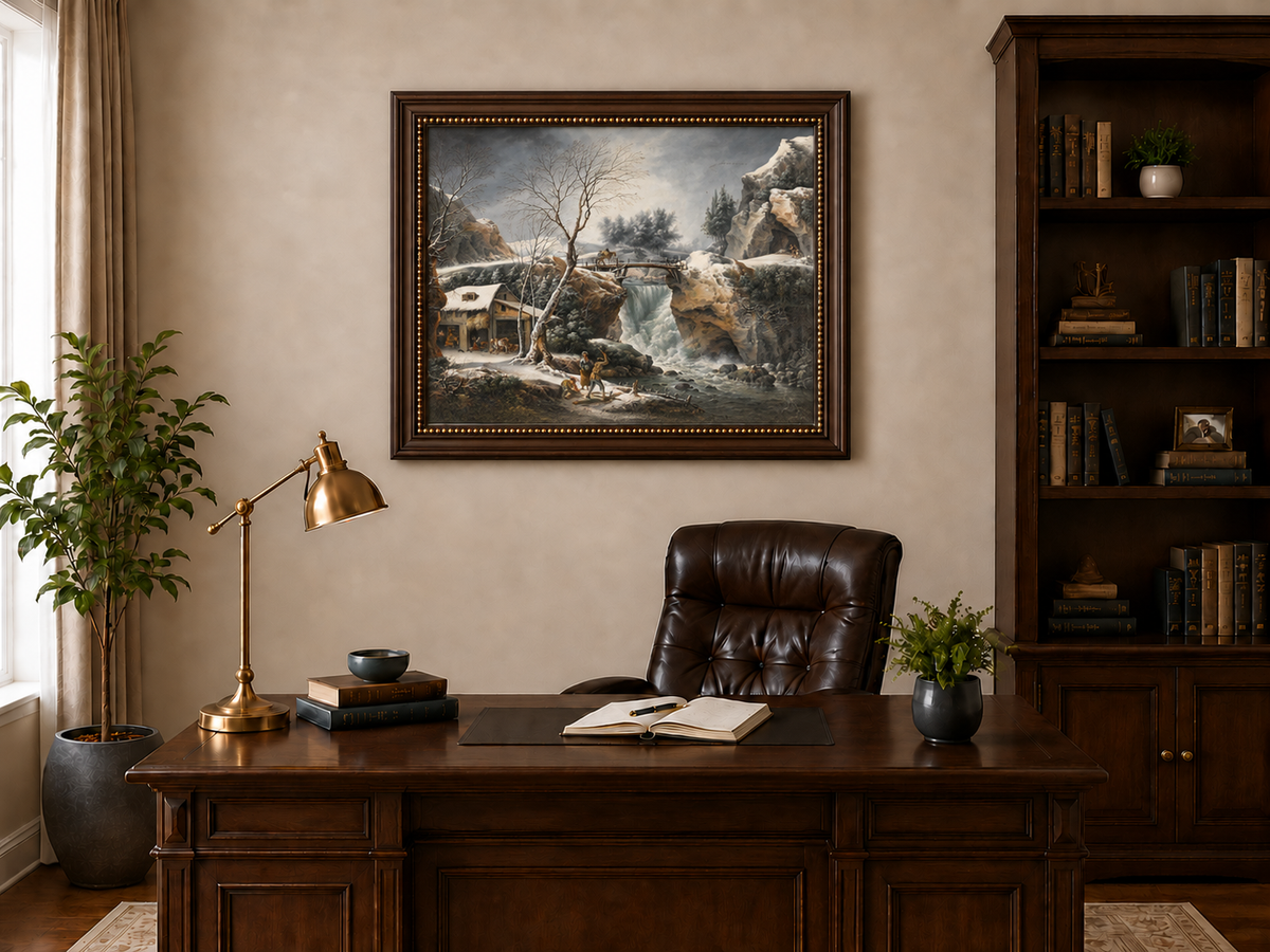 Hand-painted Snowy Waterfall, Bridge and Cottage landscape oil painting displayed as wall art in a styled interior