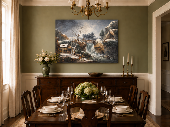 Hand-painted Snowy Waterfall, Bridge and Cottage landscape oil painting displayed as wall art in a styled interior