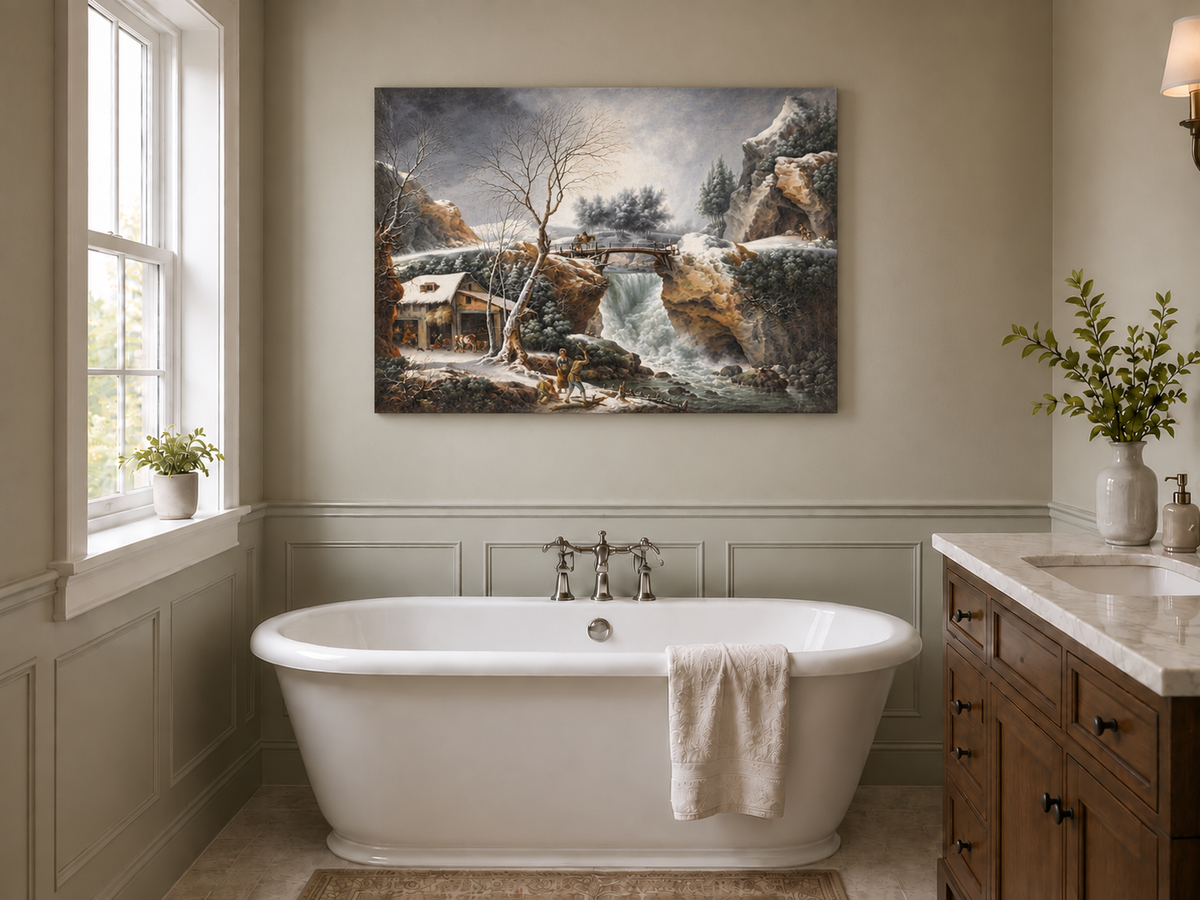 Hand-painted Snowy Waterfall, Bridge and Cottage landscape oil painting displayed as wall art in a styled interior
