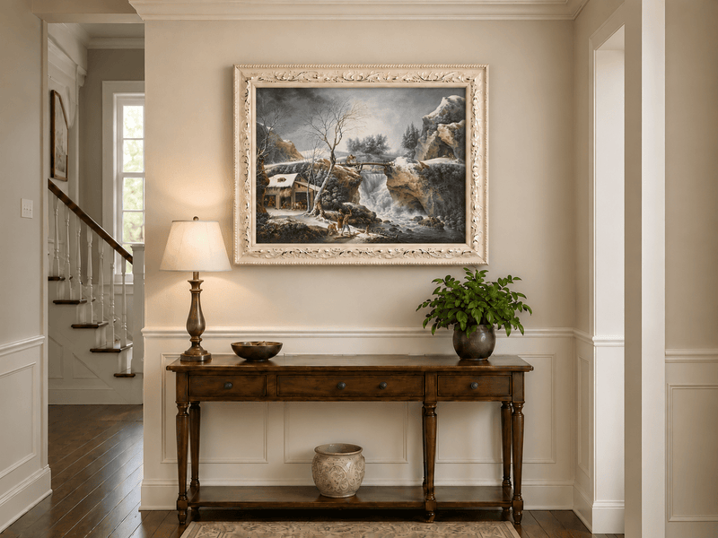 Hand-painted Snowy Waterfall, Bridge and Cottage landscape oil painting displayed as wall art in a styled interior