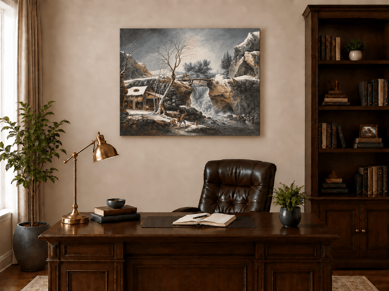 Hand-painted Snowy Waterfall, Bridge and Cottage landscape oil painting displayed as wall art in a styled interior