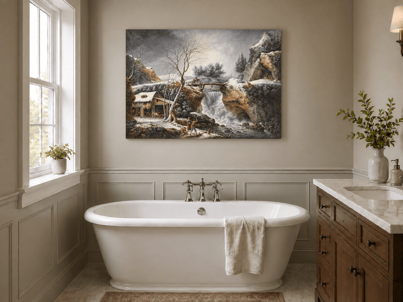 Hand-painted Snowy Waterfall, Bridge and Cottage landscape oil painting displayed as wall art in a styled interior