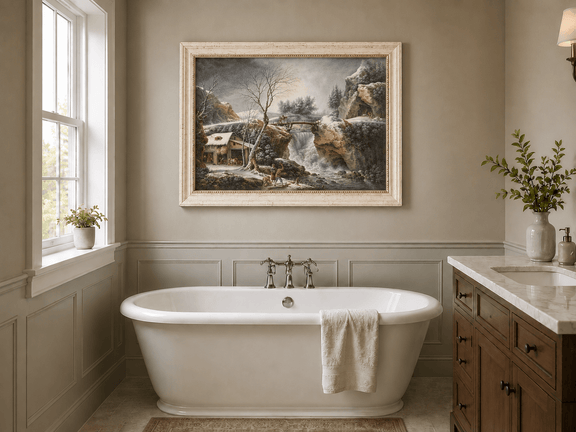 Hand-painted Snowy Waterfall, Bridge and Cottage landscape oil painting displayed as wall art in a styled interior
