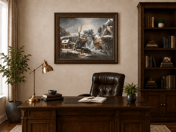 Hand-painted Snowy Waterfall, Bridge and Cottage landscape oil painting displayed as wall art in a styled interior