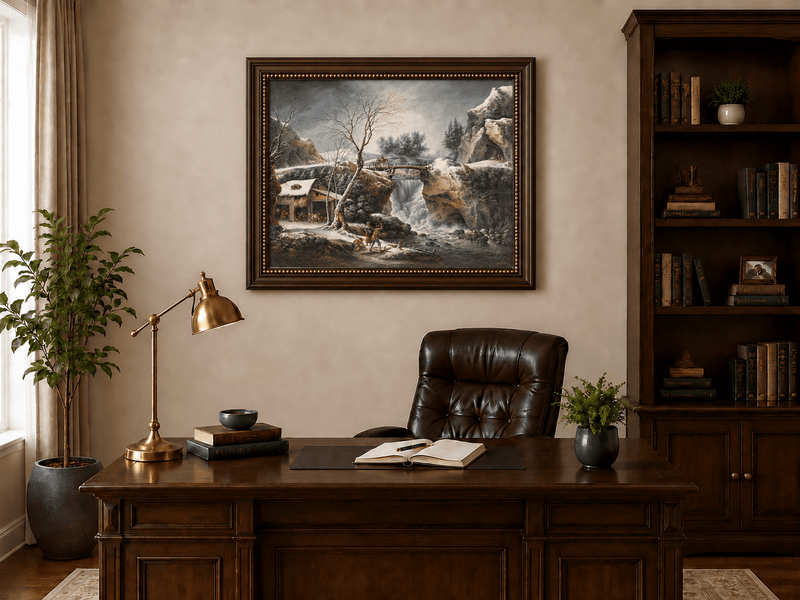 Hand-painted Snowy Waterfall, Bridge and Cottage landscape oil painting displayed as wall art in a styled interior