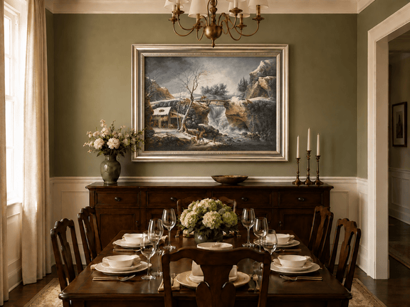 Hand-painted Snowy Waterfall, Bridge and Cottage landscape oil painting displayed as wall art in a styled interior