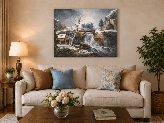 Hand-painted Snowy Waterfall, Bridge and Cottage landscape oil painting displayed as wall art in a styled interior
