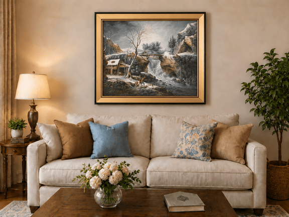 Hand-painted Snowy Waterfall, Bridge and Cottage landscape oil painting displayed as wall art in a styled interior