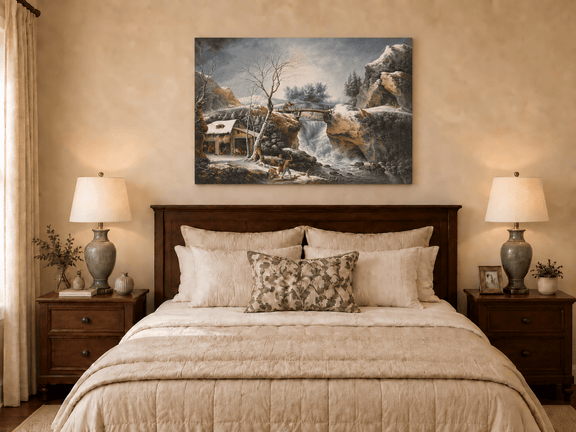 Hand-painted Snowy Waterfall, Bridge and Cottage landscape oil painting displayed as wall art in a styled interior