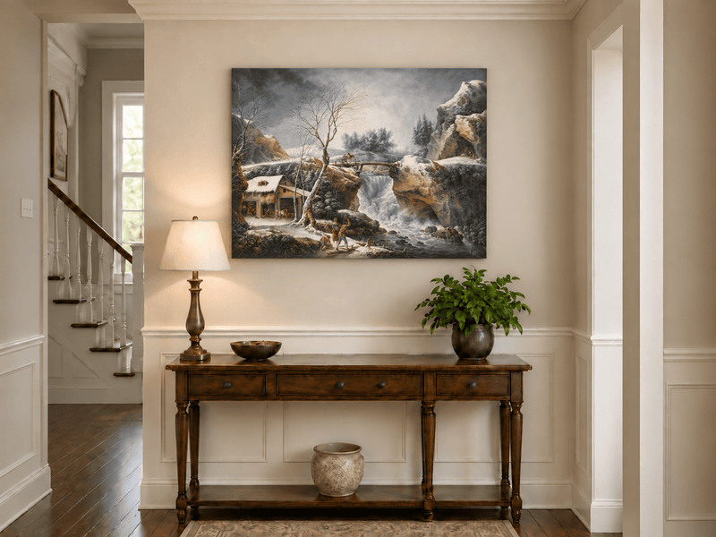 Hand-painted Snowy Waterfall, Bridge and Cottage landscape oil painting displayed as wall art in a styled interior