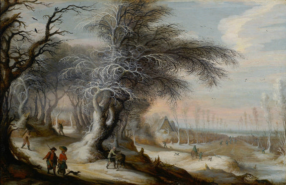 Hand-painted snowy winter village path with figures landscape oil painting on canvas