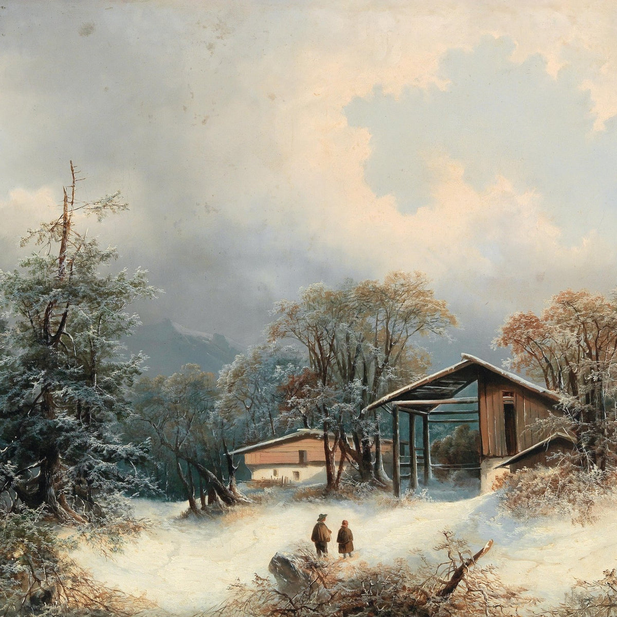 Hand-painted snowy woodland path with alpine cabin landscape oil painting on canvas