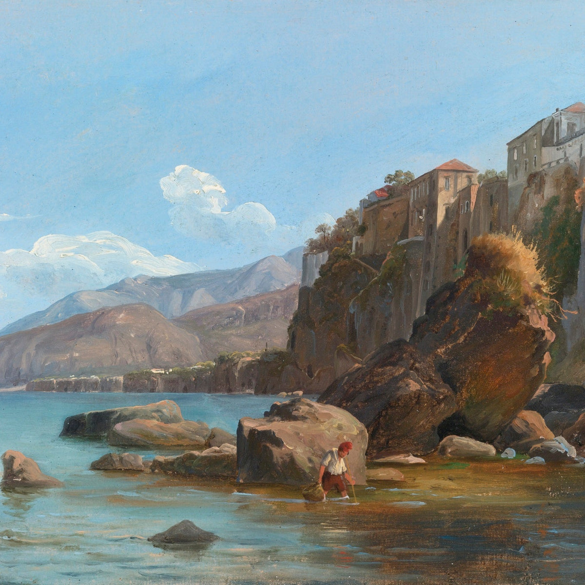 Hand-painted sorrento coast with clifftop village landscape oil painting on canvas