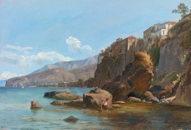 Hand-painted sorrento coast with clifftop village landscape oil painting on canvas
