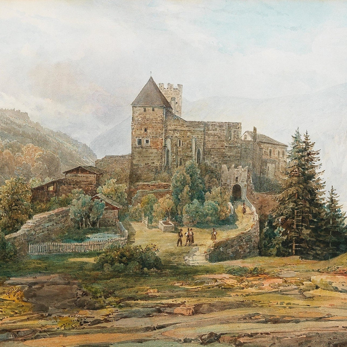 Hand-painted south tyrol castle and alpine valley landscape oil painting on canvas