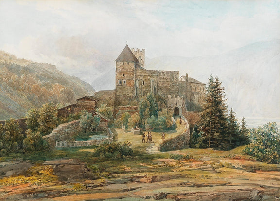 Hand-painted south tyrol castle and alpine valley landscape oil painting on canvas