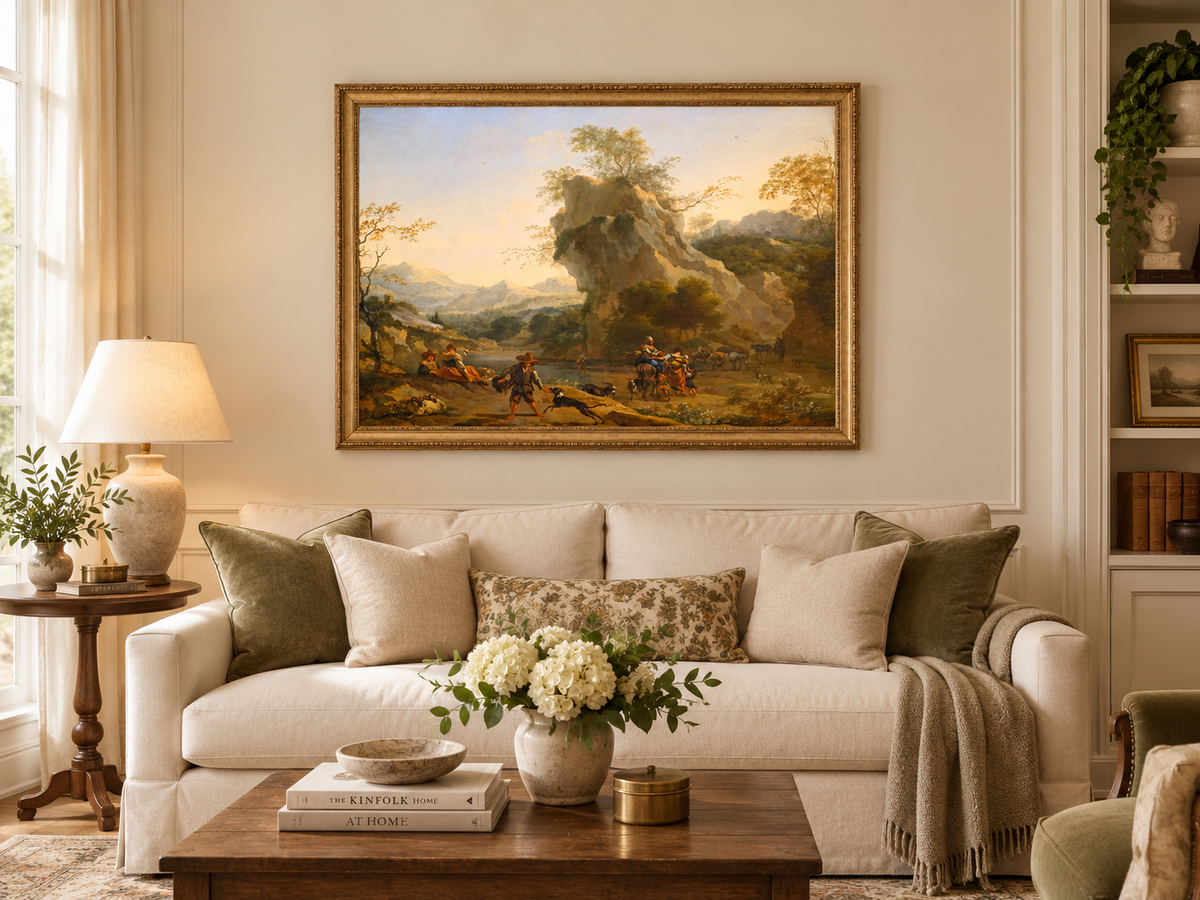 Hand-painted Southern Mountain Valley with Figures landscape oil painting displayed as wall art in a styled interior