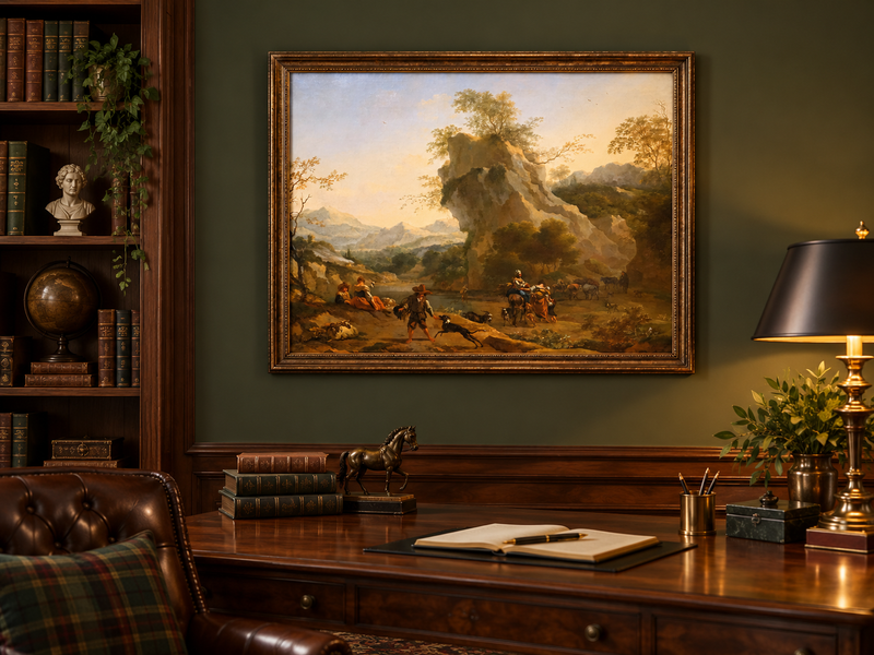 Hand-painted Southern Mountain Valley with Figures landscape oil painting displayed as wall art in a styled interior