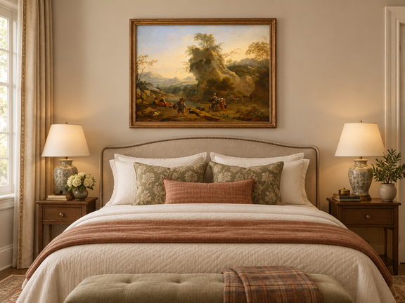 Hand-painted Southern Mountain Valley with Figures landscape oil painting displayed as wall art in a styled interior