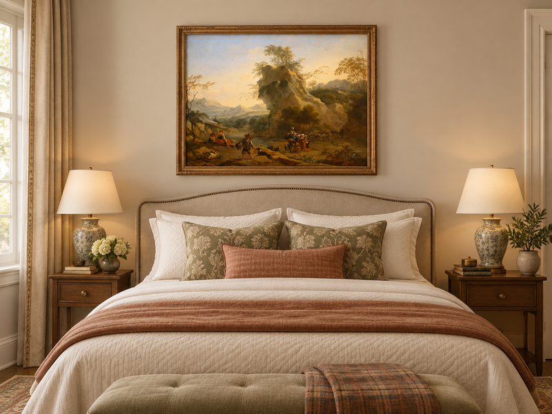 Hand-painted Southern Mountain Valley with Figures landscape oil painting displayed as wall art in a styled interior