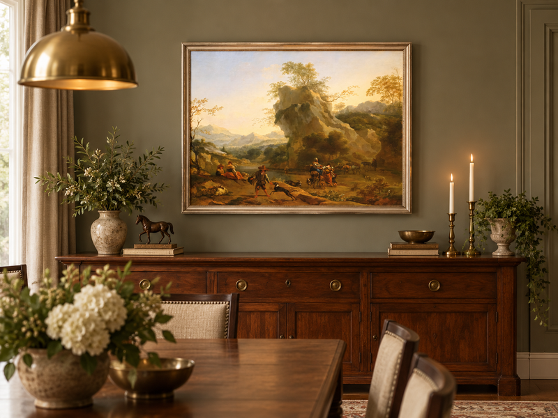 Hand-painted Southern Mountain Valley with Figures landscape oil painting displayed as wall art in a styled interior