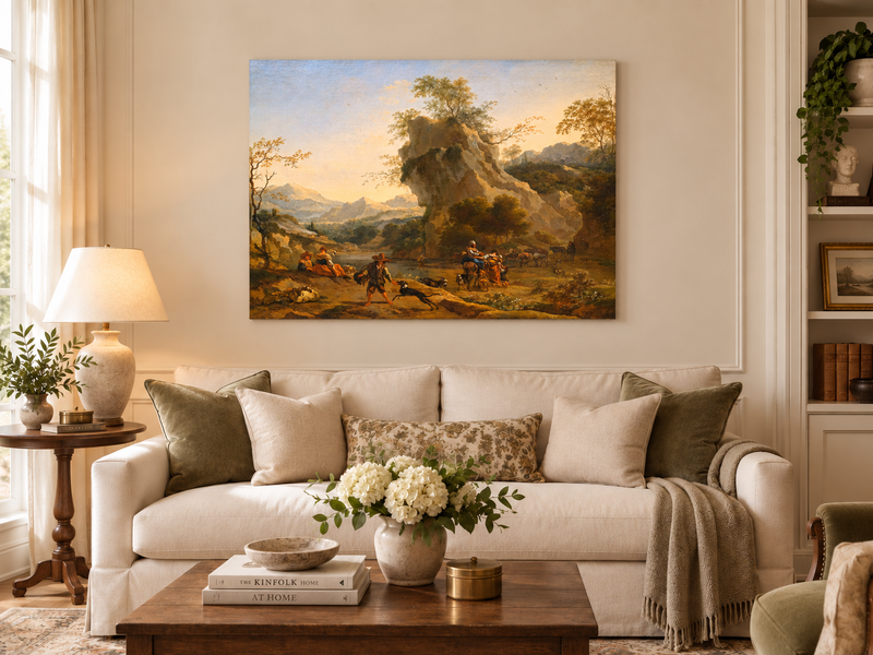 Hand-painted Southern Mountain Valley with Figures landscape oil painting displayed as wall art in a styled interior