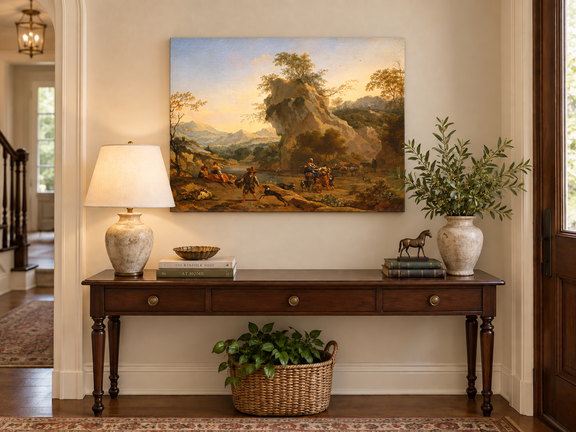 Hand-painted Southern Mountain Valley with Figures landscape oil painting displayed as wall art in a styled interior