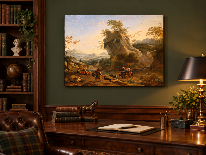 Hand-painted Southern Mountain Valley with Figures landscape oil painting displayed as wall art in a styled interior