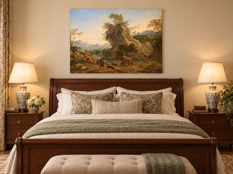 Hand-painted Southern Mountain Valley with Figures landscape oil painting displayed as wall art in a styled interior