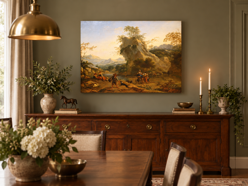 Hand-painted Southern Mountain Valley with Figures landscape oil painting displayed as wall art in a styled interior