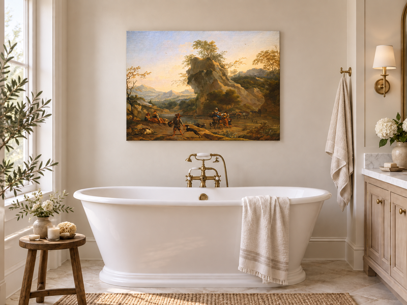 Hand-painted Southern Mountain Valley with Figures landscape oil painting displayed as wall art in a styled interior