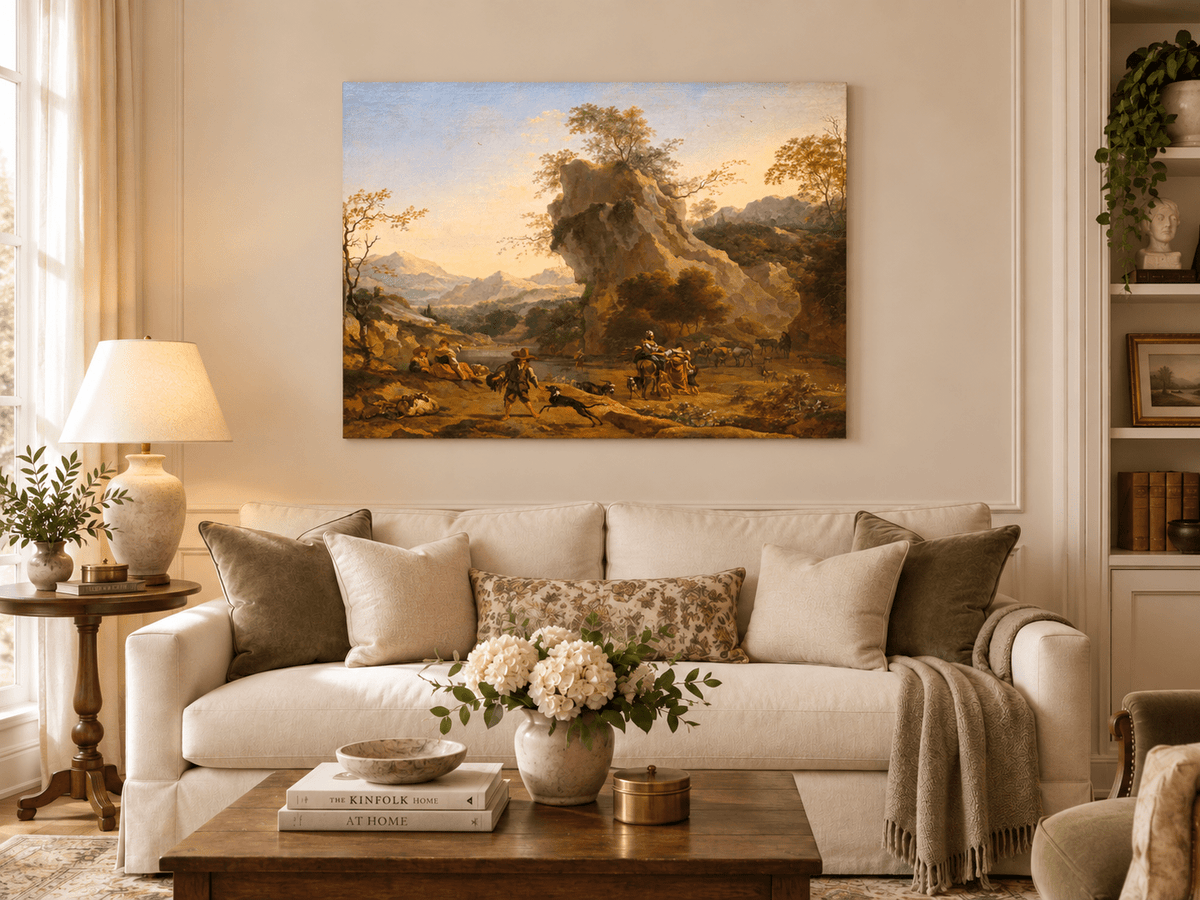 Hand-painted Southern Mountain Valley with Figures landscape oil painting displayed as wall art in a styled interior