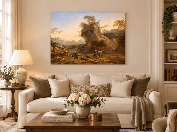 Hand-painted Southern Mountain Valley with Figures landscape oil painting displayed as wall art in a styled interior