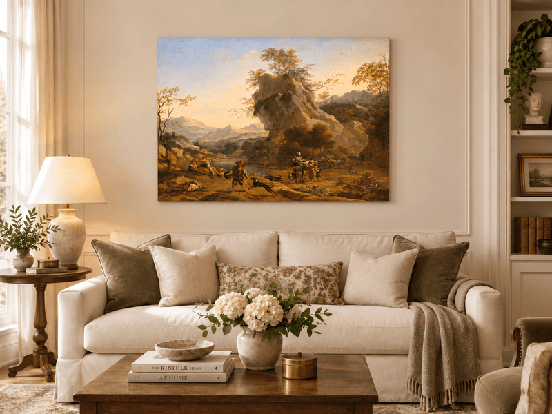 Hand-painted Southern Mountain Valley with Figures landscape oil painting displayed as wall art in a styled interior